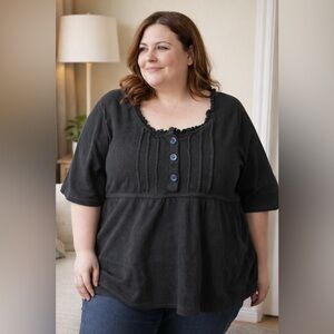 Plus Size Waffle Knit Babydoll Top 2X Cozy Thermal Ruffle Neck Blouse W Pockets